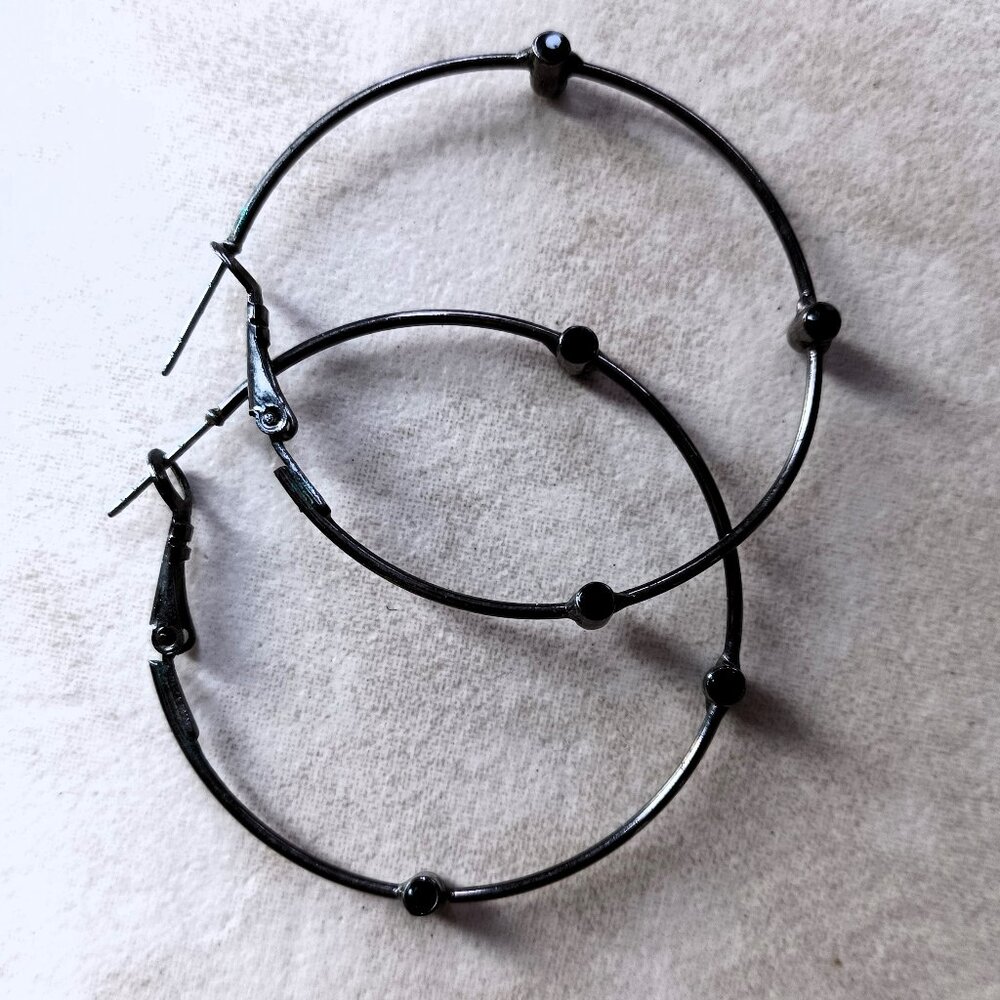 Black Hoop Earrings with Black Gemstones